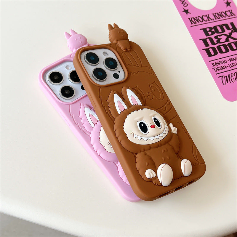 Funda de silicona 3d Labubu de dibujos animados lindo | Marrón Rosa - Funda para iPhone
