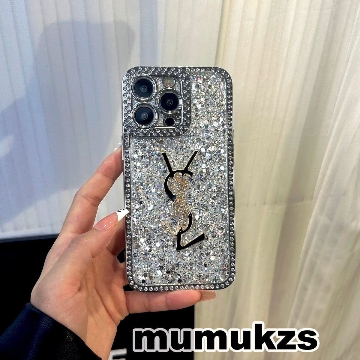 Luxe glitter holografisch Y-S-L-geïnspireerd iPhone-hoesje – Diamond Shine-editie